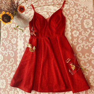 Red, Sparkly, Spaghetti Strap, Short A-line Homecoming/Prom Dress